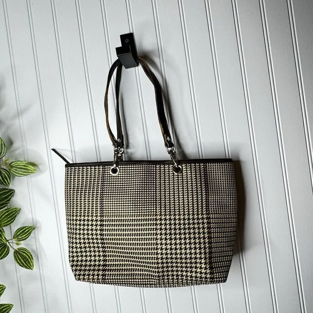 Vintage Ralph Lauren Houndstooth Tan Brown Leather Tote Shoulder Bag RLL Y2K